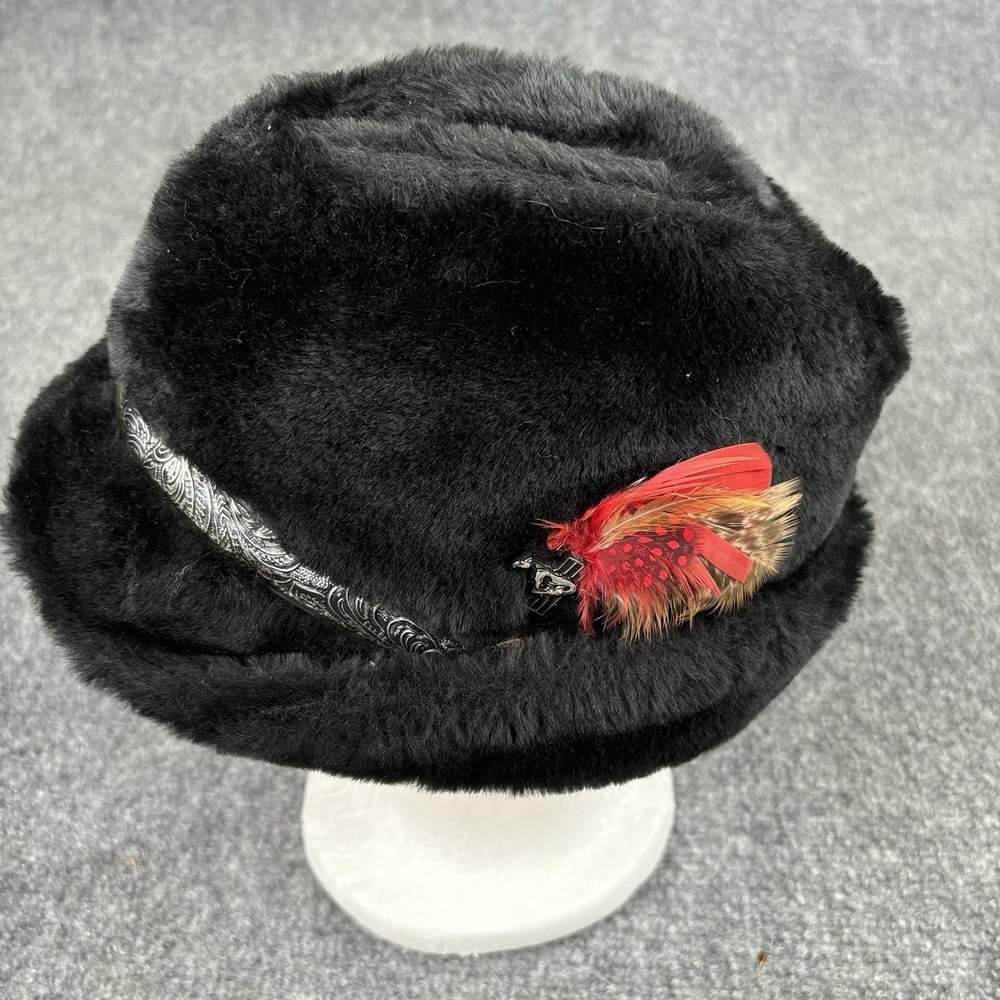 Vintage 60s Fedora‎ Hat Small Union Made Black Faux Fur Feather Pin Silver Band